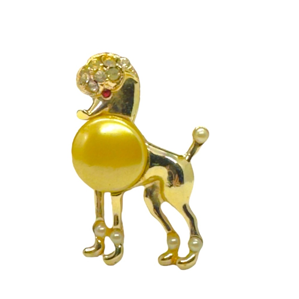 Vintage Faux Pearl & Rhinestone Figural Poodle Brooch